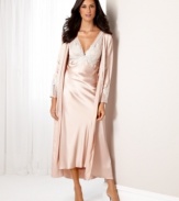 Layer yourself with luxury. The smooth satin Goddess robe by Flora Nikrooz features lovely embroidered cuffs.