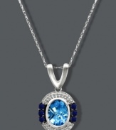 A pretty, blue palette. Le Vian's unique pendant combines a peaceful mix of oval-cut blue topaz (1-1/5 ct. t.w.) with round-cut sapphires (1/5 ct. t.w.) and diamonds (1/10 ct. t.w.) surrounding. Setting and chain crafted in 14k white gold. Approximate length: 18 inches. Approximate drop: 9/10 inch.