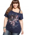 Lock-up a super-cute look with L8ter's one-shoulder plus size top, accented by a floral print and chain trim.