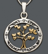 Surround yourself with the love of your family. Engraved circular sterling silver pendant features a 14k gold over sterling silver tree at center with heart leaves. Approximate length: 18 inches. Approximate drop: 1 inch.