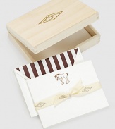 Packed in a gold-stamped wood box, these elegant cards have a charming horse motif, letterpressed by hand on creamy cotton stock, a delightful design for expressing whatever needs expressing.Original Charles Fradin illustrationLetterpressed by hand100% cotton stock6.5L X 4.75WCoordinating envelopes with brown striped liningSet of 18, with envelopesGold-stamped wood storage boxMade in USA