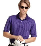 Make the day's outside activities predictably comfortable with this Izod polo shirt featuring moisture wicking and a UV finish for sun protection.