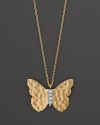 Diamonds lend sparkle to this hammered 14K yellow gold butterfly pendant necklace from Meira T.