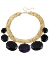 A bold frontal design from Haskell. Large black acrylic stones round out a golden necklace. Crafted in gold tone mixed metal. Approximate length: 16 inches + 3-inch extender. Approximate drop: 2 inches.