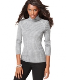 A snug fit and metallic ribbed knit make INC's turtleneck shine! Wear it with black pants for a dressy look, or keep it casual and pair with jeans.