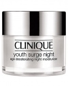 Youth Surge Night Age Decelerating Night Moisturizer. Building on Sirtuin technology, Clinique science uses youth-extending agents to create a nightly moisturizer that helps intensify the nightly cycle of natural repair. Plumped with natural collagen, lines and wrinkles appear to evaporate. Skin gains that energized 8-hour effect come morning.For Dry Combination Skins 1.7 oz. 