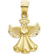 Fanciful filigree. This beautiful angel charm will watch over and protect with its cute heart accent. Crafted in 14k gold. Approximate length: 8/10 inch. Approximate width: 4/10 inch.