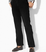 Classic-fitting pants tailored in fine woven cotton, designed with a flat front, narrow leg and washed for a vintage, timeworn appeal. Standard-rise belted waist. Angled hand pockets, split-besom pockets at back. Embroidered pony accents the back right pocket. Zip fly with button closure.