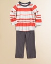 The soft, easy knits your little guy loves to live in, including a striped tee with contrast trim and effortless solid pants.Contrast ribbed crewneckLong sleevesElastic-waist straight pants with front patch pockets50% cotton/50% micro modalMachine washImported