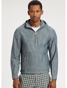 EXCLUSIVELY AT SAKS. Lightweight chambray pullover with partial zip front and attached hood lends an unexpected twist to a casual ensemble.Quarter-zip frontAttached hoodZippered waist pocketsCottonMachine washImported