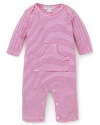 The perfect striped shortall crafted in soft cotton and accented with vented shoulders and a front kangaroo pocket.