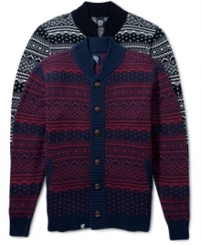 Polish up your style in one of these classic style cardigans with fairisle pattern and unique wooden buttons by LRG.  Makes a great gift.