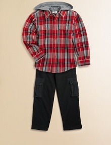 An everyday, plaid flannel shirt tee is designed in a layered-look silhouette with attached hood.Attached hoodLong sleevesButton-frontButton-flap patch pocketsCottonMachine washImported Please note: Number of buttons may vary depending on size ordered. 