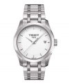 Brilliant shine and a classic shape define the Couturier collection by Tissot. Watch crafted of stainless steel bracelet and round case. White dial features applied silver tone stick indices, three hands, date window at three o'clock and logo at twelve o'clock. Swiss quartz movement. Water resistant to 100 meters. Two-year limited warranty.