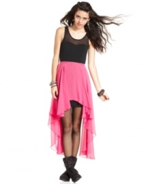 So in love with this dress from Material Girl! A high-low faux-skirt in shocking pink brings punk edge to the mix. Dare to wear the frock with combat boots for a look that's girlishly rugged.