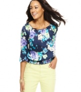 A petite peasant top is enlivened by a romantic floral print in this look from Charter Club. Go for an on-trend outfit when you pair it with pants in a vibrant hue!