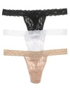 A signature lace g-string with ultra-thin elastic fibers that provide hip-hugging support, a new style from Hanky Panky.