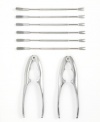 Enjoy your next seafood feast with this stainless steel seafood tool set from Amco. Perfect for lobster or crab legs, the set includes two seafood crackers that quickly break the hard outer shell without the mess of hammers, and six long seafood forks to easily retrieve the delicious meat inside.