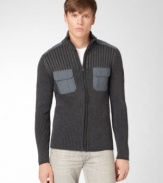 This classic fit military styled full zip ribbed sweater by Calvin Klein Jeans is perfect to keep you warm and stylish.