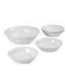 Heat and eat with dual-purpose pasta bowls from Mikasa's collection of white dinnerware. Oven-safe porcelain with a versatile white glaze and pretty embossed detail serves up baked ziti or macaroni and cheese with effortless, everyday elegance.