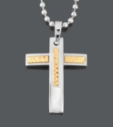 A bold and stylish way to symbolize your faith. Men's necklace features a stainless steel cross with a 14k gold inlay strung on a matching bead chain. Approximate length: 24 inches. Approximate drop width: 1 inch. Approximate drop length: 1-1/5 inches.