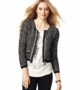 We love the incredibly regal style of this fringed, tweed-pattern sweater from American Rag. Style it with your favorite skinny jeans for a casual day look that's high on style.