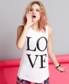 Glittery letters girlify a graphic tank top you're sure to LOVE. From Material Girl.