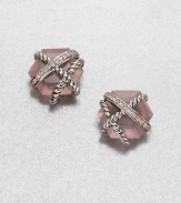 From the Cable Wrap Collection. An pretty, hexagon-shaped rose quartz stone wrapped in sterling silver cables and dazzling diamonds. Rose quartzDiamonds, .07 tcwSterling silverSize, about .39Post backImported 