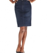 A classic pencil skirt silhouette is given a denim makeover, from Style&co.