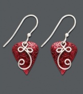 Channel your inner hippie chick with these unique teardrops by Jody Coyote. Crafted in sterling silver, earrings feature a red patina brass teardrop with swirling silver accents and beads. Approximate drop: 1-1/8 inches.