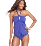 A hardware detail adds high shine to this Jones New York tankini top for a touch of under-the-sun glam! The straps convert from halter to bandeau style!