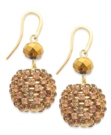 Have a ball in these textured drop earrings from Alfani. A gold tone faceted bead displays a larger, rhinestone chain-wrapped bead. Crafted in 12k gold-plated mixed metal. Approximate drop: 1-1/4 inches.