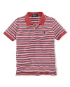 A short-sleeved polo is rendered in soft, breathable striped jersey-knit cotton.