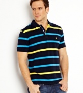 Smooth out your style with the refined look of this pique striped polo shirt from Nautica.