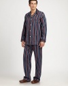 Two-piece set woven in remarkably striped cotton for sartorial appeal. Cotton. Machine wash. Imported.SHIRTButton frontChest, hip patch pocketsPANTSide elastic waistInseam, about 31