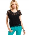 So femme! A peter-pan collar adds schoolgirl-inspired whimsy to this sheer lace top from 6 Degrees.