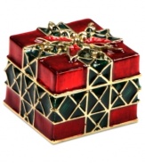 A perfect gift. This red present holiday keepsake box from Jones New York is crafted from mixed metal with colorful details adding a vibrant touch. Approximate length: 1-1/2 inches. Approximate width: 1 inch.