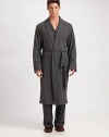 Classic robe is rendered from breathable, brushed and lightweight organic cotton for superior softness, with a double belt loop and button detail, setting the standard premium comfort and versatility.Shawl collarFront patch pocketsSelf-tie belt at waistAbout 50 from shoulder to hemCottonMachine washImported