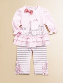 Oh la la! This Parisian-themed set has tiers of ruffles, stripes and a contrasting bow to add an extra special touch to this plush cotton set. Top CrewneckLong sleeves with elastic cuffsBack buttonsRuffled hem Pants Elastic waistbandCottonMachine washImported