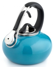 This innovative tea kettle throws you for a loop with its polished enamel coating that brings a little excitement and color to your kitchen. With a sweeping handle that arcs high above its body, this kettle knows the importance of high design and total functionality. The clever bell-shaped design helps induce heat for faster boiling. Limited warranty.