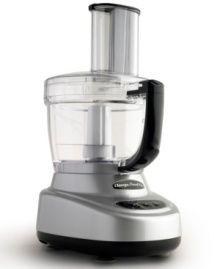 Prep for the pros. Complete with 11- and 4-cup work bowls, this sleek food processor conquers a range of recipes, from family-sized gatherings to dinners for two. Includes 2mm & 4mm slicing and shredding discs, plus a versatile feed chute with two openings, so every kind of ingredient-from small & soft to large & tough-is welcome. 5-year warranty.