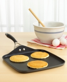 Picture perfect pancakes, grilled cheese and more virtually glide off the surface of this ideally shaped square griddle, directly onto your plate or serving tray. Constructed of heavy-gauge, hard-anodized aluminum for fast, even heating and unrivaled durability. Lifetime customer satisfaction.