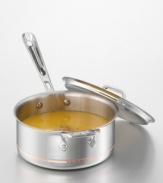 This 3-quart covered saucepan offers superb heat conductivity and distribution. You won't get hot spots, so food cooks evenly. Stainless steel exterior layer with a band of copper for accent. The pan has a copper core surrounded by two layers of aluminum and a stainless steel cooking surface. Polished stainless steel handles stay cool during cooking and are secured with sturdy, non-corrosive rivets. Stainless steel lid fits flush to pan so you can seal in the food's flavor. Hand wash, as dishwasher use will deteriorate the pan's exterior beauty.