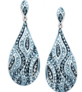 Sparkling sophistication. A mosaic of denim blue and clear crystals with Swarovski Elements adorn Kaleidoscope's whimsical teardrop earrings. Set in sterling silver. Approximate drop: 1-1/2 inches.