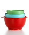 Measure, mix and pour – all in the same bowl! This colorful collection of plastic mixing bowls features a helpful nonskid base that maintain a tight grip with the tabletop as you stir. Limited lifetime warranty.