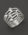 Rose and full cut diamonds dot a ring of sterling silver bands. By Ippolita.