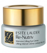 Re-Nutriv Intensive Lifting Eye Creme virtually lifts eye area, giving it a younger, brighter appearance. Special moisture magnets instantly attract and bind moisture - comforting, refreshing and plumping your skin. Reduces the appearance of lines and wrinkles around the eyes. Minimizes the look of dark circles and helps inhibit their reappearance. Extra-gentle, delicately emollient formula includes a rare anti-irritant to de-emphasize puffiness. 0.5 oz. 