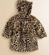 Allover leopard print and frilly pom pom details adorn this plush faux fur construction.HoodedFront button closureFully linedAcrylic/polyesterMachine washImported