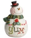 A treat in itself. The whimsical Sweet Twist cookie jar from Oneida features a snowman swirling with festive holiday color and clutching a sugary treat.