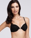 A sleek racerback bra with logo embossed clasp closure at front.